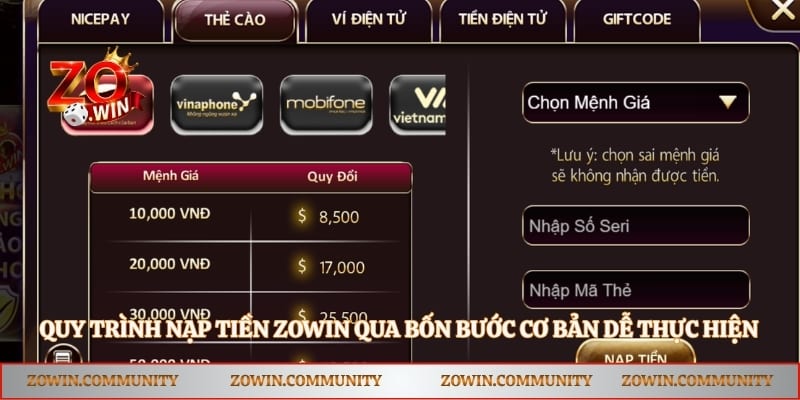 Quy trình nạp tiền Zowin qua bốn bước cơ bản dễ thực hiện